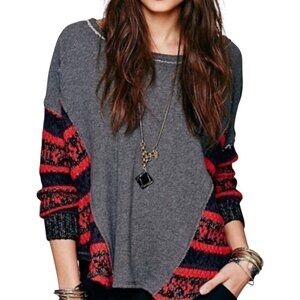 Free People Grey Red & Black Partial Knit Top Sz M